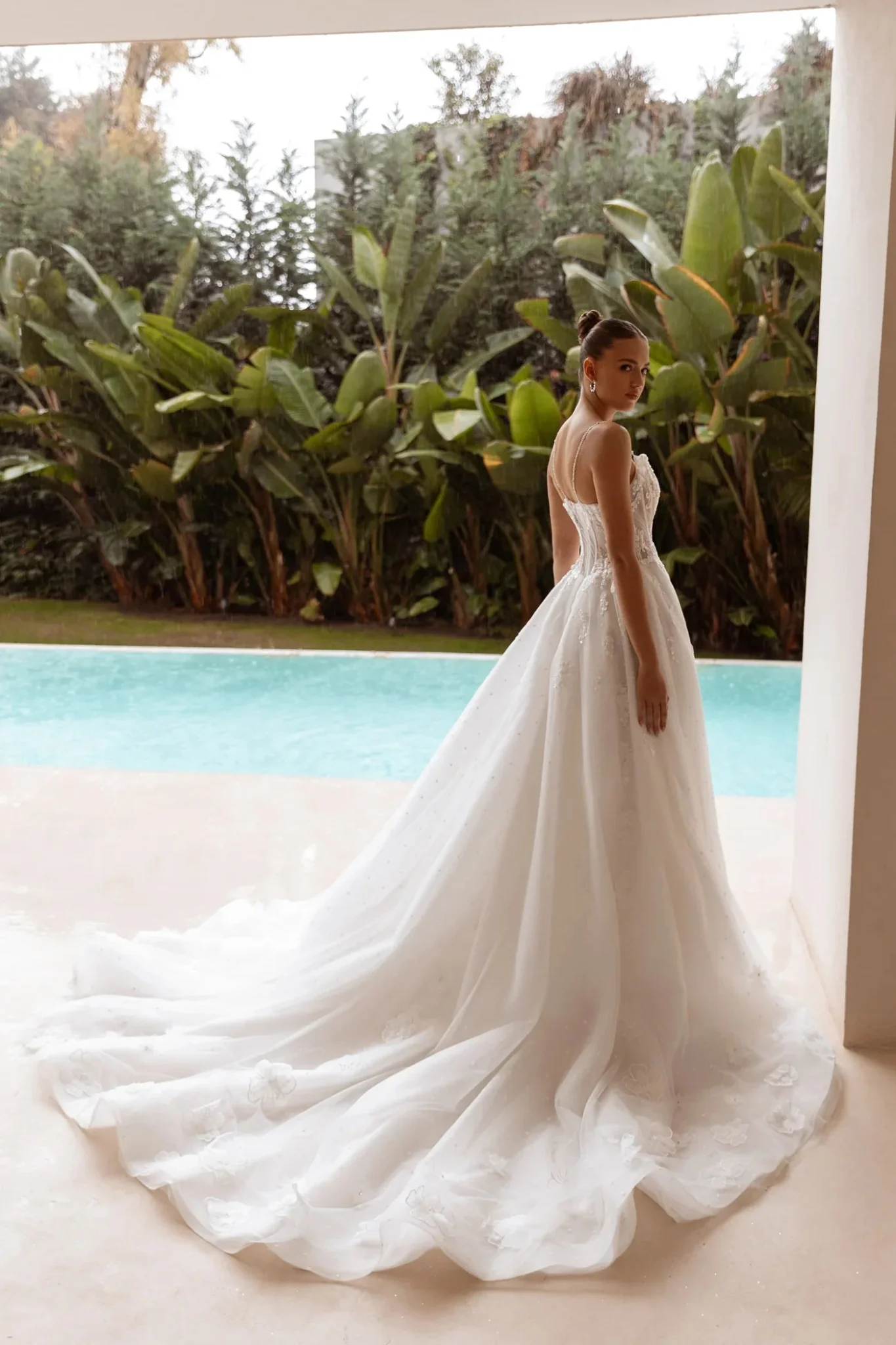 White Sheer Corset Ball Gown Wedding Dress with Floral Lace Bodice - Plus Size-Lenni - Image 5