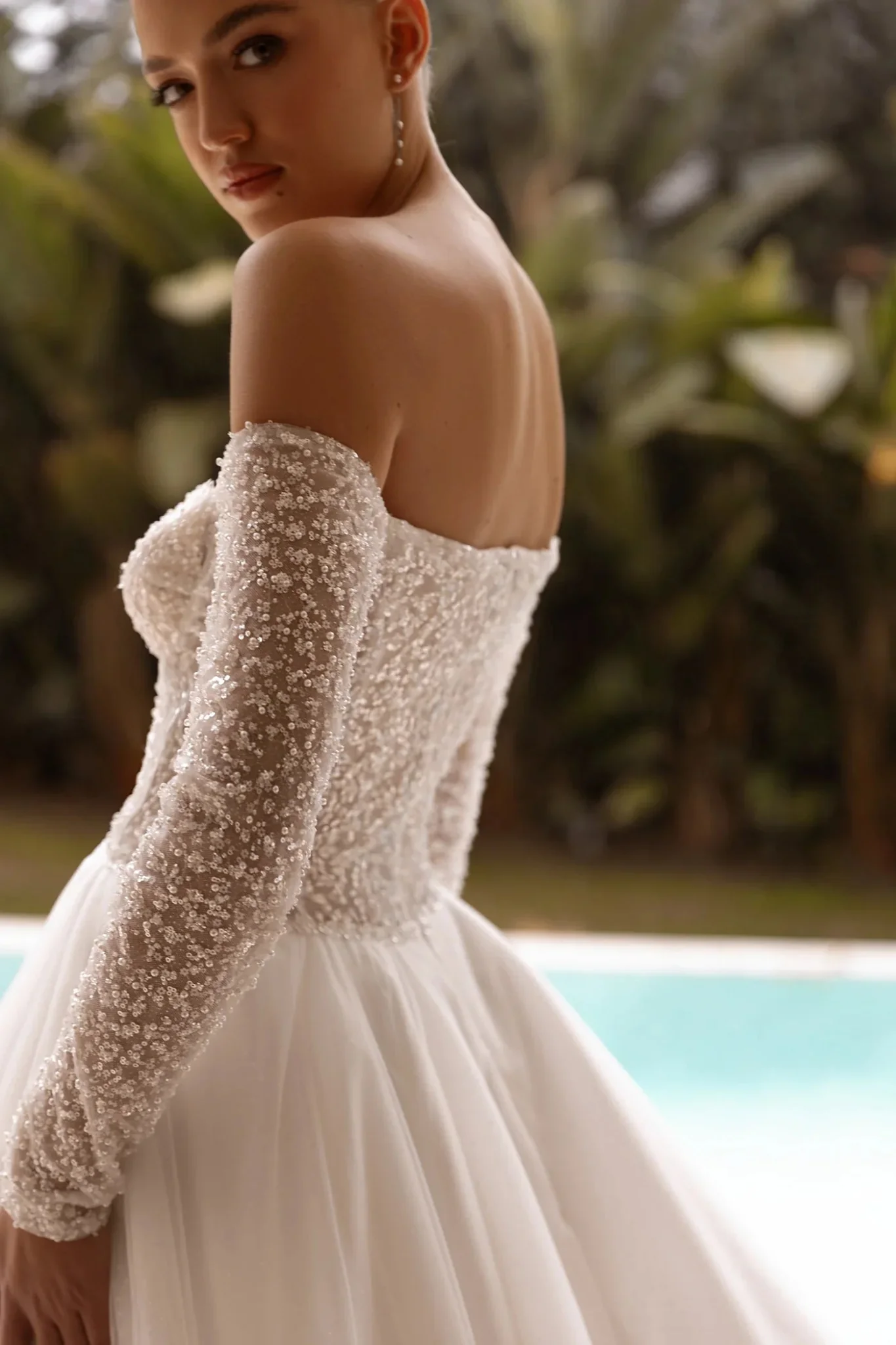 White Off-Shoulder Lace Wedding Dress with Long Sheer Sleeves and Flowing Train - Plus Size-Les - Image 2