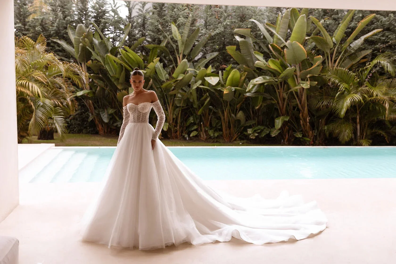 White Off-Shoulder Lace Wedding Dress with Long Sheer Sleeves and Flowing Train - Plus Size-Les - Image 4