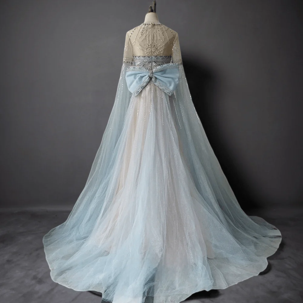 Light Blue Beaded Long Sleeve Bridal Gown - Elegant Tulle Wedding Dress with Bow Plus Size - Image 2