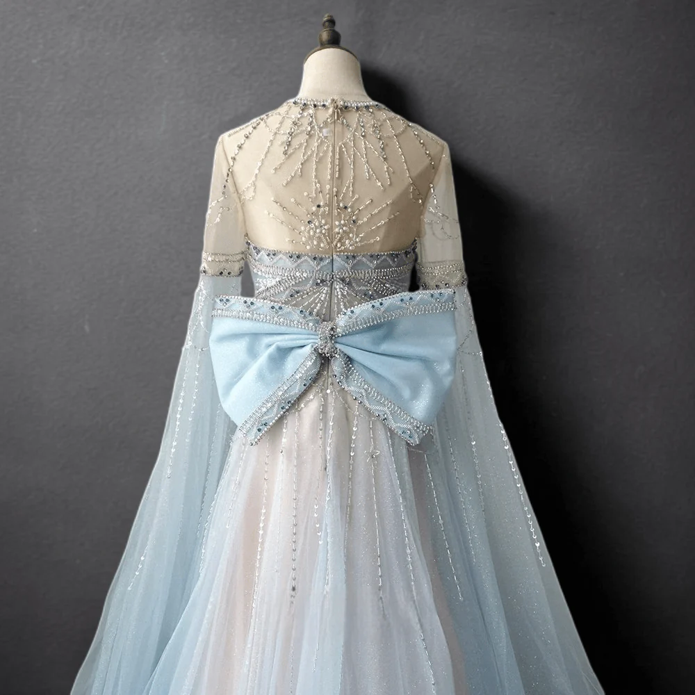 Light Blue Beaded Long Sleeve Bridal Gown - Elegant Tulle Wedding Dress with Bow Plus Size - Image 4