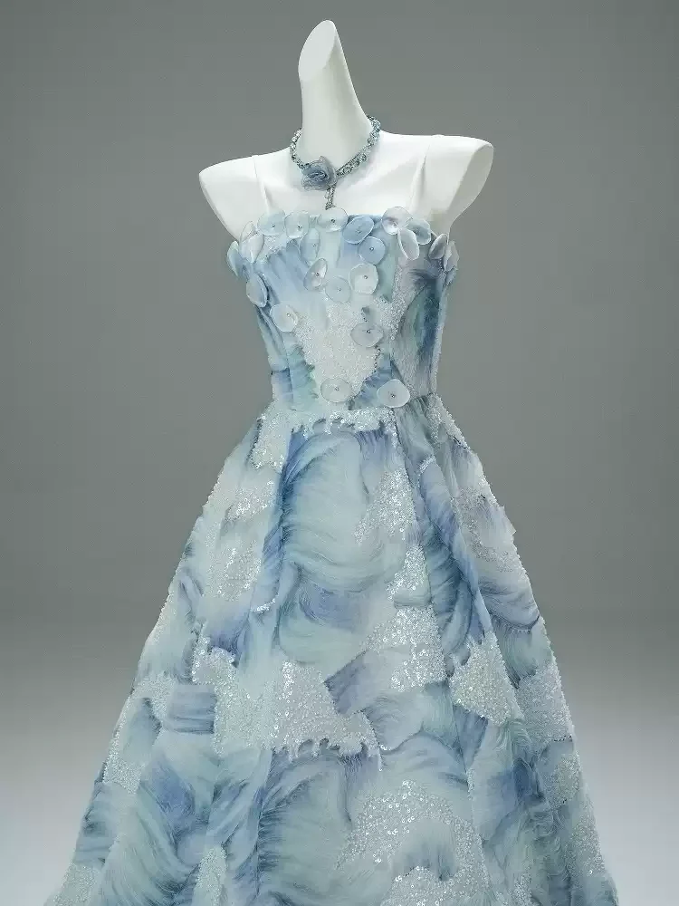 Light Blue Evening Dress with Floral Embellishments and Strapless – Floral Evening Dress with Lace-Up Back Plus Size - Image 2