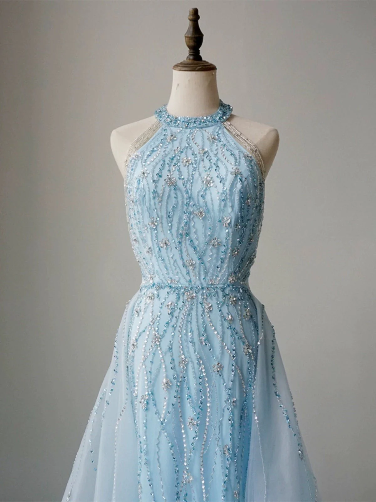 Light Blue Halter Neck Glitter Dress - Elegant Sequin A-Line Evening Gown Plus Size - Image 3