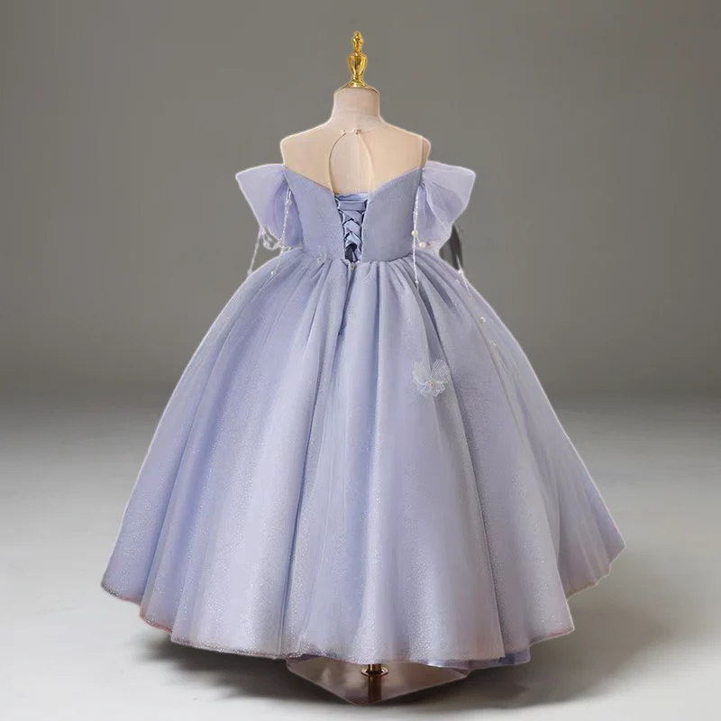 Fairy Light Blue Off-Shoulder Tulle Flower Girl Dress with Butterfly Details and Pearl Accents - Plus Size - Image 4
