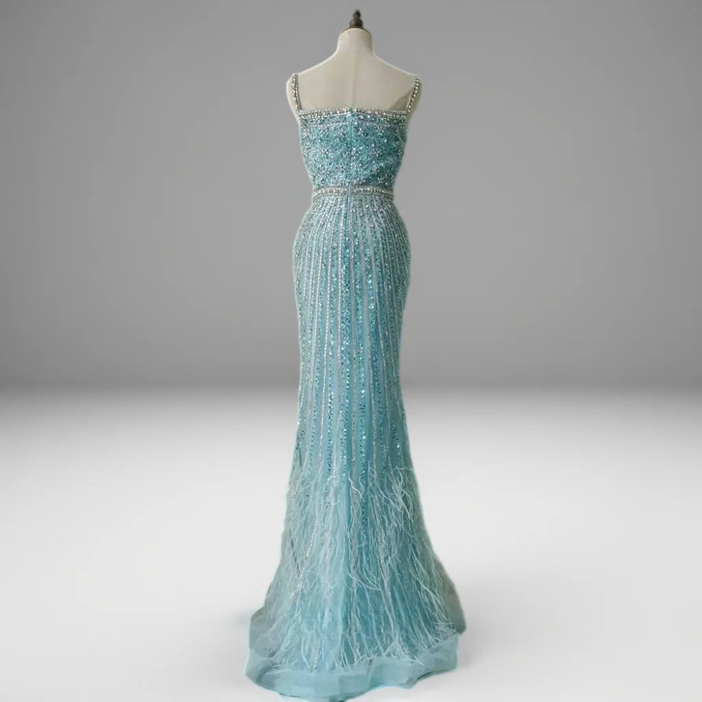 Light Blue Sequin and Feather Dress with Sleeveless – Sparkly Maxi Dress with Beaded Straps Plus Size - Image 2