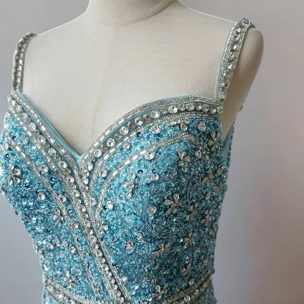 Light Blue Sequin and Feather Dress with Sleeveless – Sparkly Maxi Dress with Beaded Straps Plus Size - Image 3