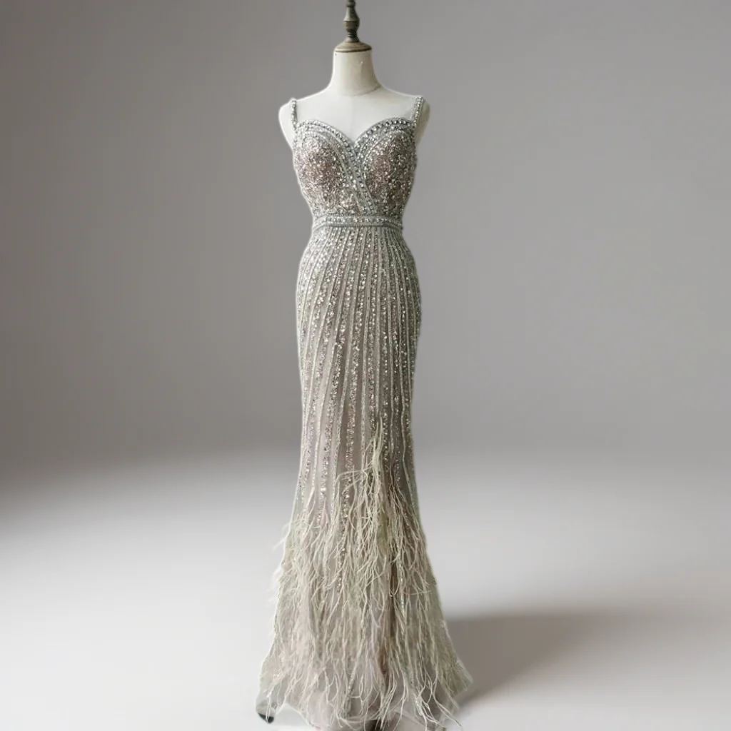 Light Blue Sequin and Feather Dress with Sleeveless – Sparkly Maxi Dress with Beaded Straps Plus Size - Image 4