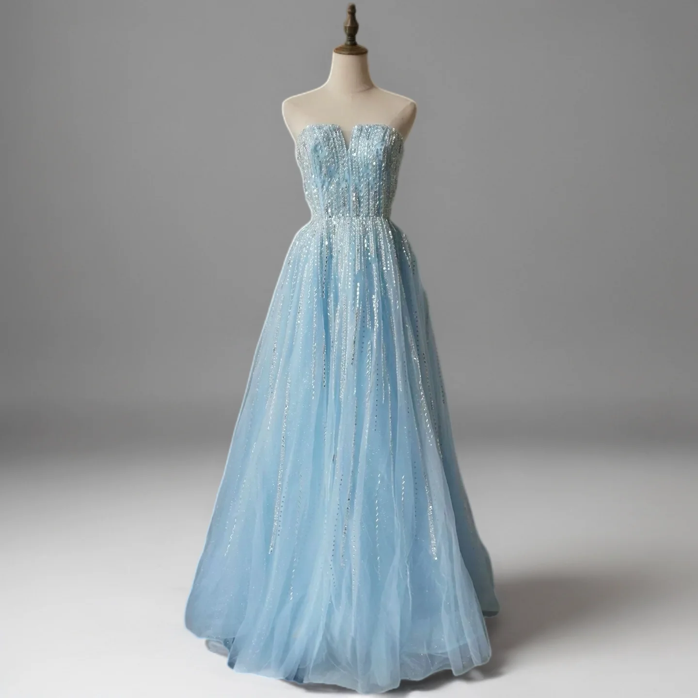 Light Blue Sequin Ball Gown with Illusion Neckline – Glitter Maxi Dress with Cape Sleeves Plus Size - Image 3