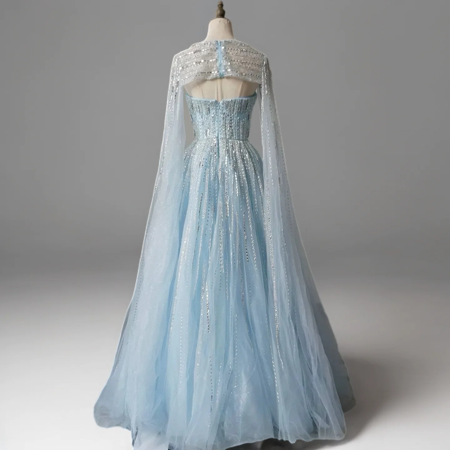 Light Blue Sequin Ball Gown with Illusion Neckline – Glitter Maxi Dress with Cape Sleeves Plus Size - Image 4