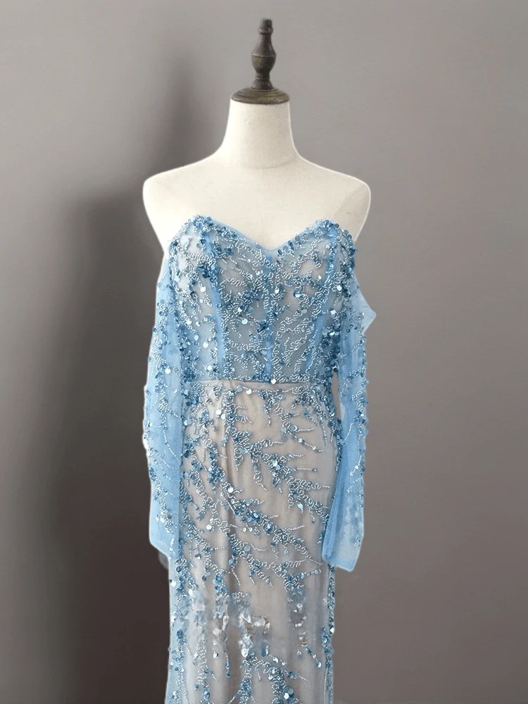 Light Blue Strapless Glitter Dress with Long Sleeves - Elegant Off-Shoulder and Beaded SequinEvening Gown Plus Size - Image 3