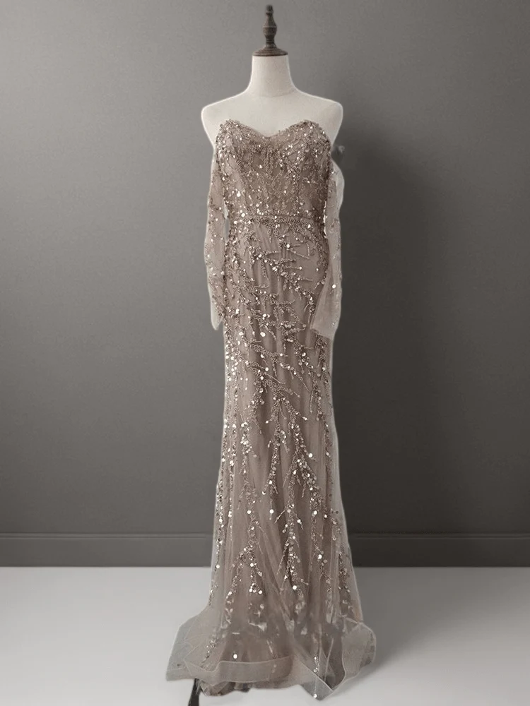 Light Blue Strapless Glitter Dress with Long Sleeves - Elegant Off-Shoulder and Beaded SequinEvening Gown Plus Size - Image 4