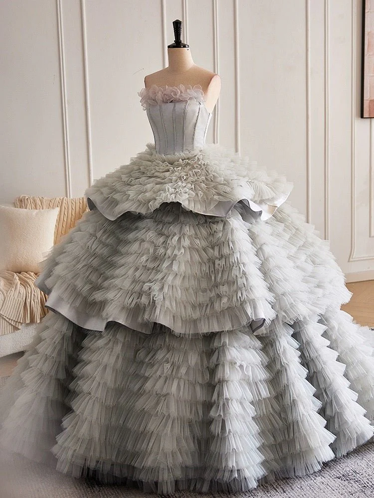 Silver Grey Layered Tulle Party Dress - Grey Corset Back Wedding Dress Plus Size - Image 2