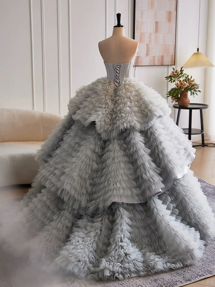 Silver Grey Layered Tulle Party Dress - Grey Corset Back Wedding Dress Plus Size - Image 4