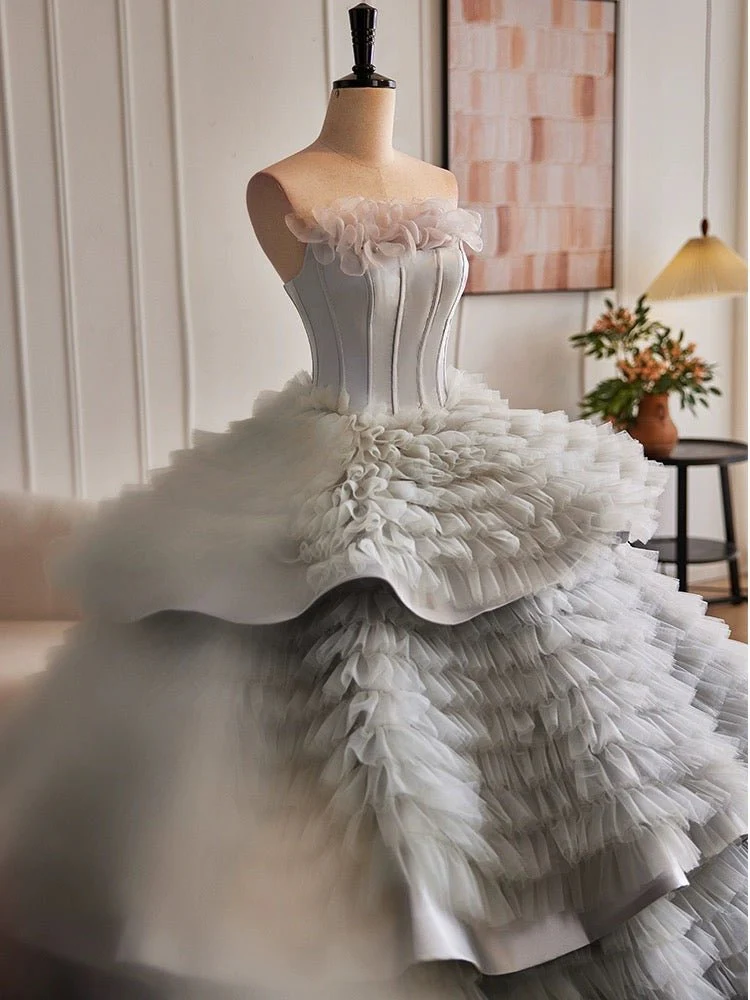 Silver Grey Layered Tulle Party Dress - Grey Corset Back Wedding Dress Plus Size - Image 5