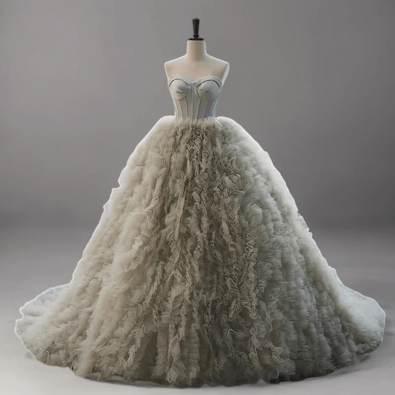 Light Grey Tulle Evening Dress - Corset Back Wedding Dress Plus Size