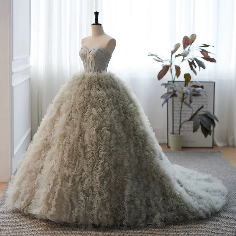 Light Grey Tulle Evening Dress - Corset Back Wedding Dress Plus Size - Image 2