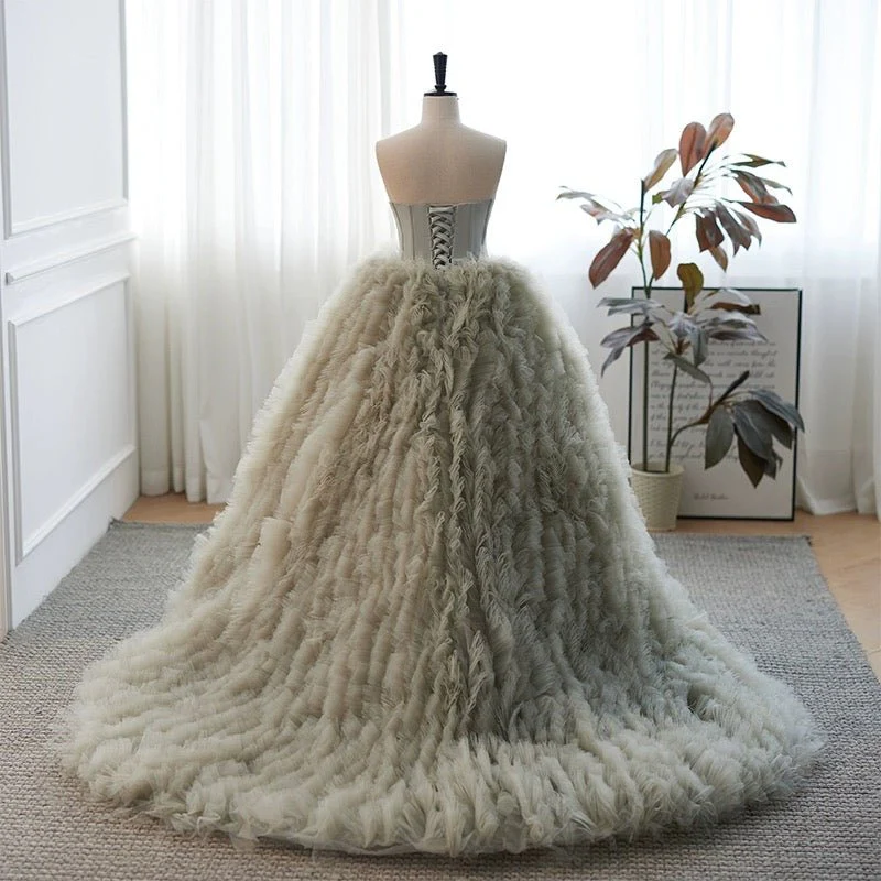 Light Grey Tulle Evening Dress - Corset Back Wedding Dress Plus Size - Image 3