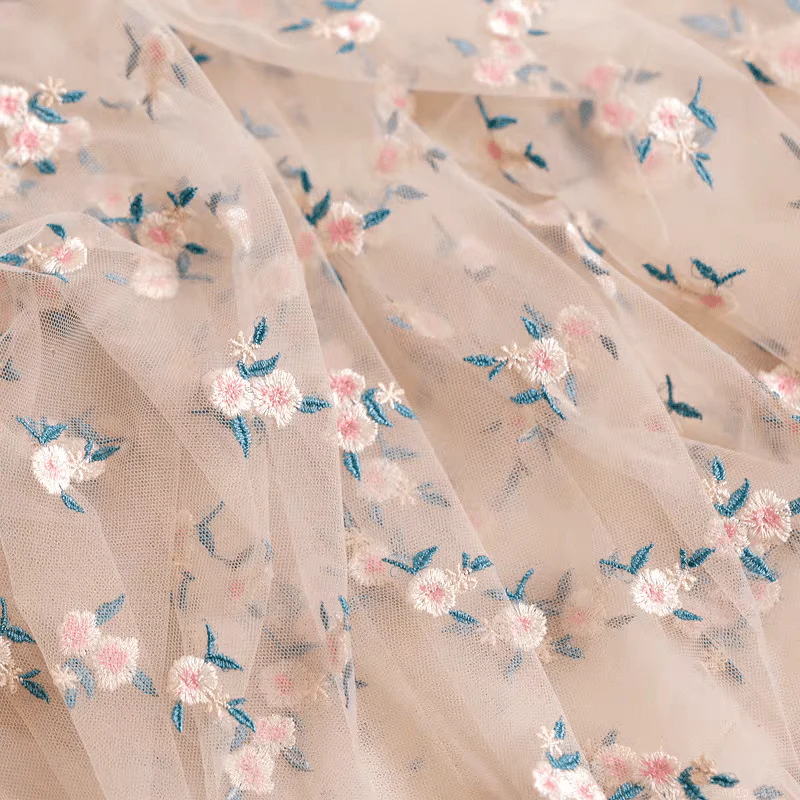Light Pink Embroidered Floral Tulle Fabric with Pastel Blooms