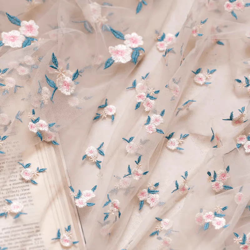 Light Pink Embroidered Floral Tulle Fabric with Pastel Blooms - Image 2