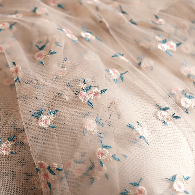 Light Pink Embroidered Floral Tulle Fabric with Pastel Blooms - Image 3