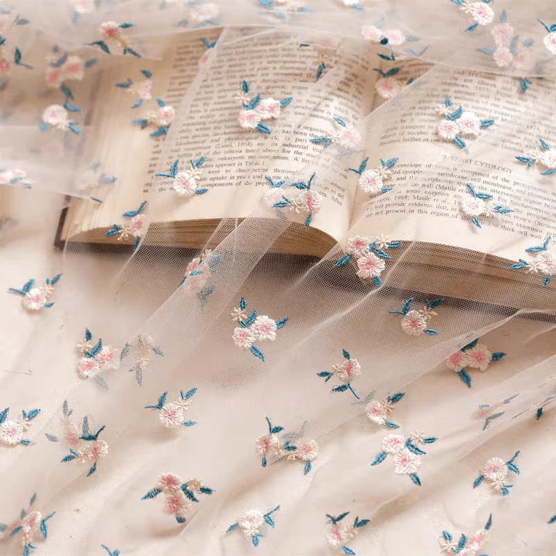 Light Pink Embroidered Floral Tulle Fabric with Pastel Blooms - Image 4