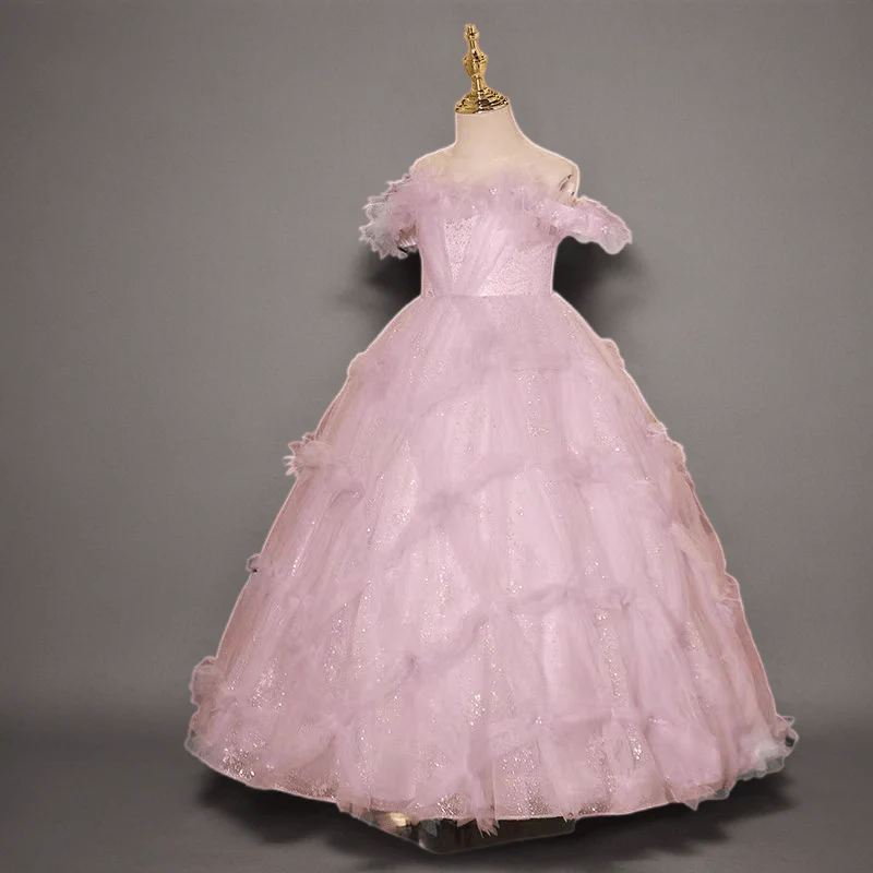 Light Pink Glitter Tulle Off-Shoulder Flower Girl Dress with Floral Details - Plus Size - Image 2