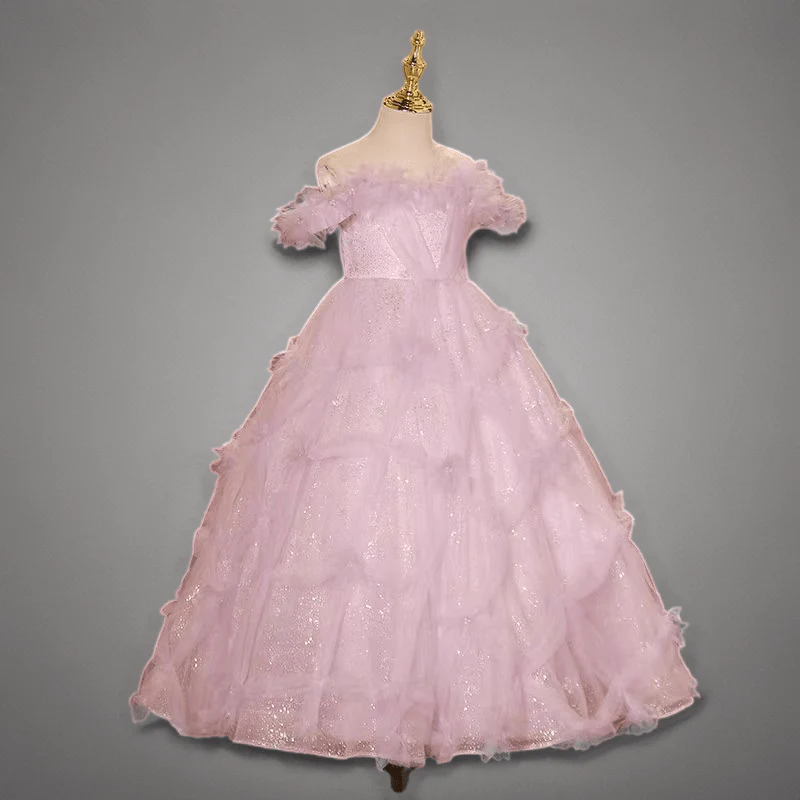 Light Pink Glitter Tulle Off-Shoulder Flower Girl Dress with Floral Details - Plus Size - Image 3