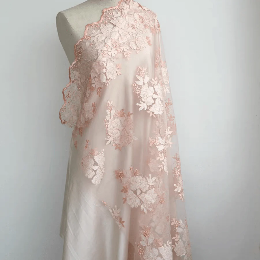 Light Pink-Orange 3D Floral Laser-Cut Appliqué Lace Fabric - Image 2