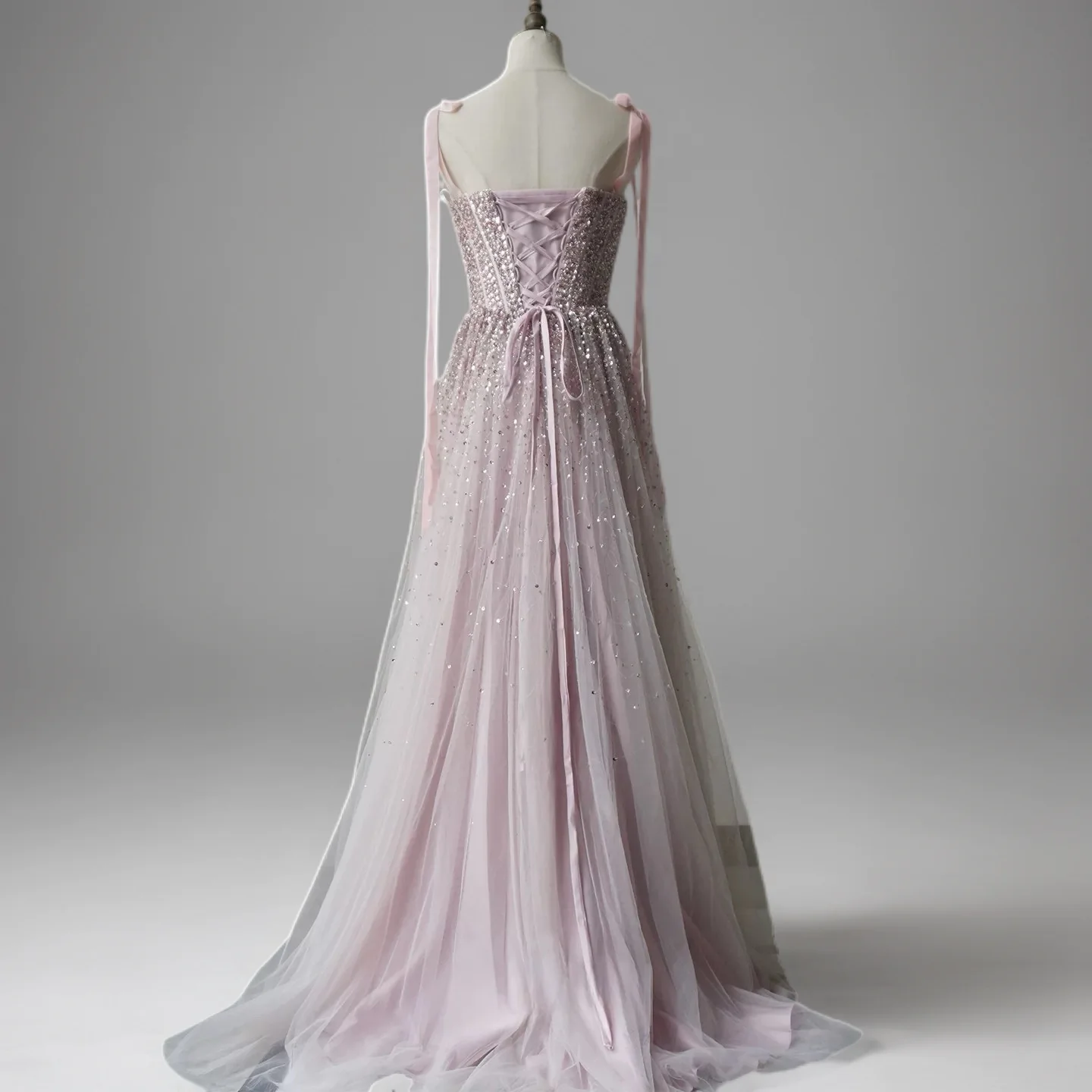 Light Pink Sequin Evening Dress with Corset Bodice – Sparkly Maxi Dress with Corset Back Plus Size - Image 2