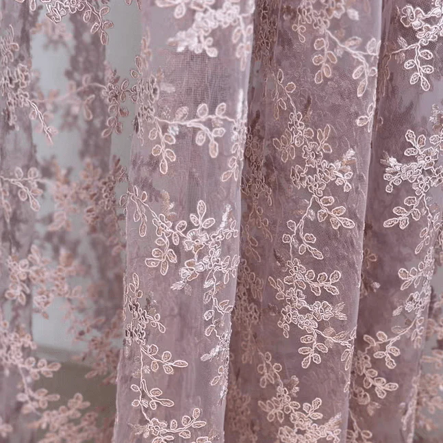 Light Purple Floral Embroidery Lace Fabric with Sequins
