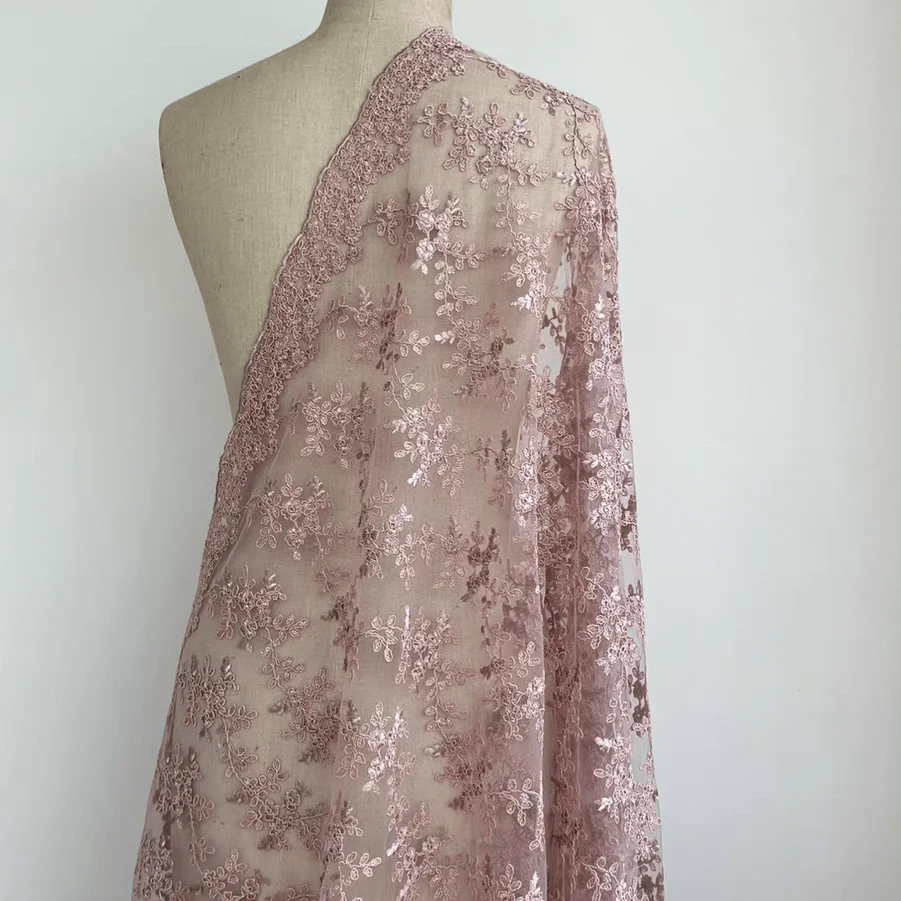 Light Purple Floral Embroidery Lace Fabric with Sequins - Image 3