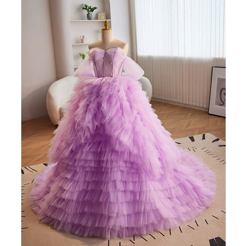 Light Purple Off-Shoulder Layered Tulle Ruffle Dress - Purple Corset Back Wedding Dress Plus Size - Image 2