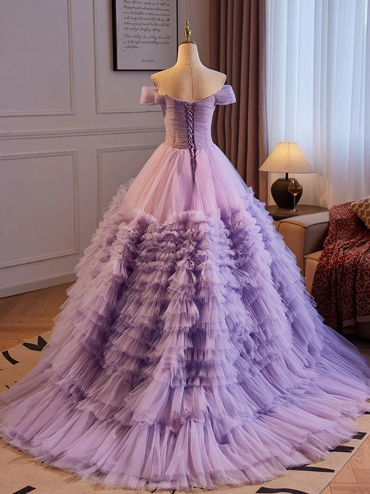 Light Purple Off-Shoulder Tulle Party Dress - Purple Corset Back Wedding Dress Plus Size - Image 3