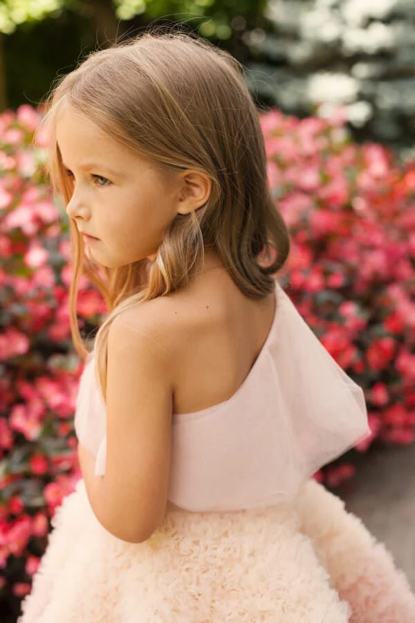 Lilac Pink Peach Ombre One-Shoulder Plus Size Girl’s Dress – Aurora Asymmetric Midi Tulle Gown with Frill for Summer Parties - Image 3
