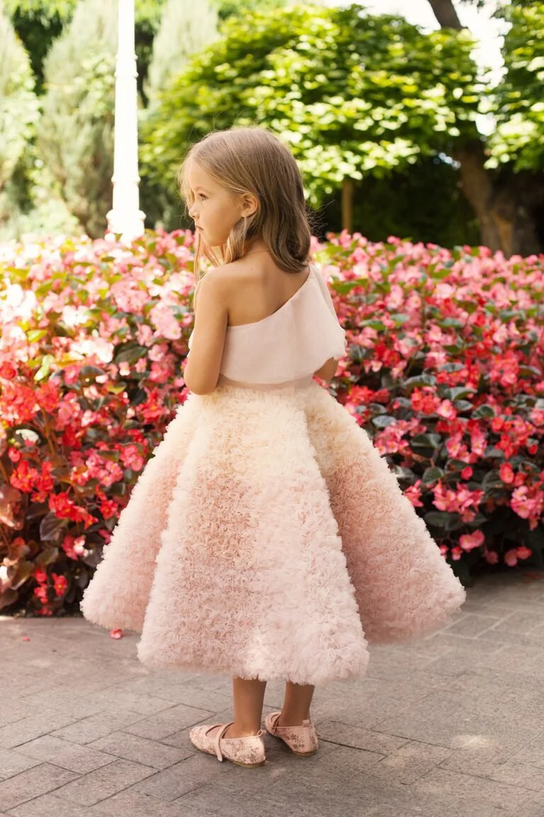 Lilac Pink Peach Ombre One-Shoulder Plus Size Girl’s Dress – Aurora Asymmetric Midi Tulle Gown with Frill for Summer Parties - Image 4