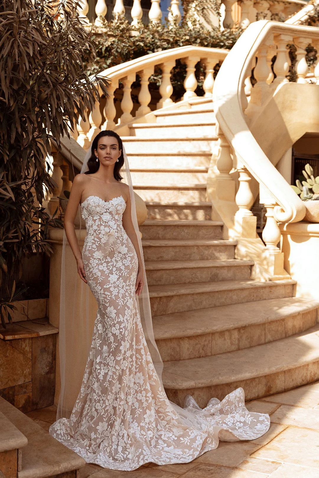White Strapless Floral Lace Wedding Dress with Flowing Train - Plus Size-Lilian - Image 2