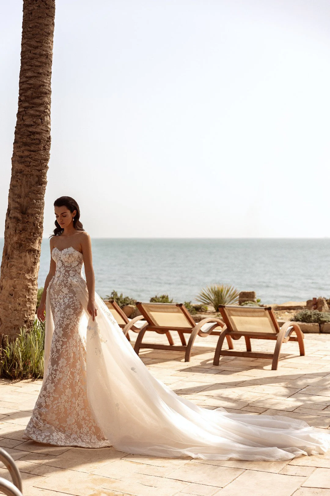 White Strapless Floral Lace Wedding Dress with Flowing Train - Plus Size-Lilian - Image 5