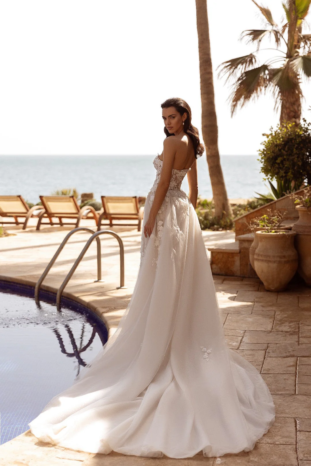 White Strapless Floral Lace Wedding Dress with Flowing Train - Plus Size-Lilian - Image 6