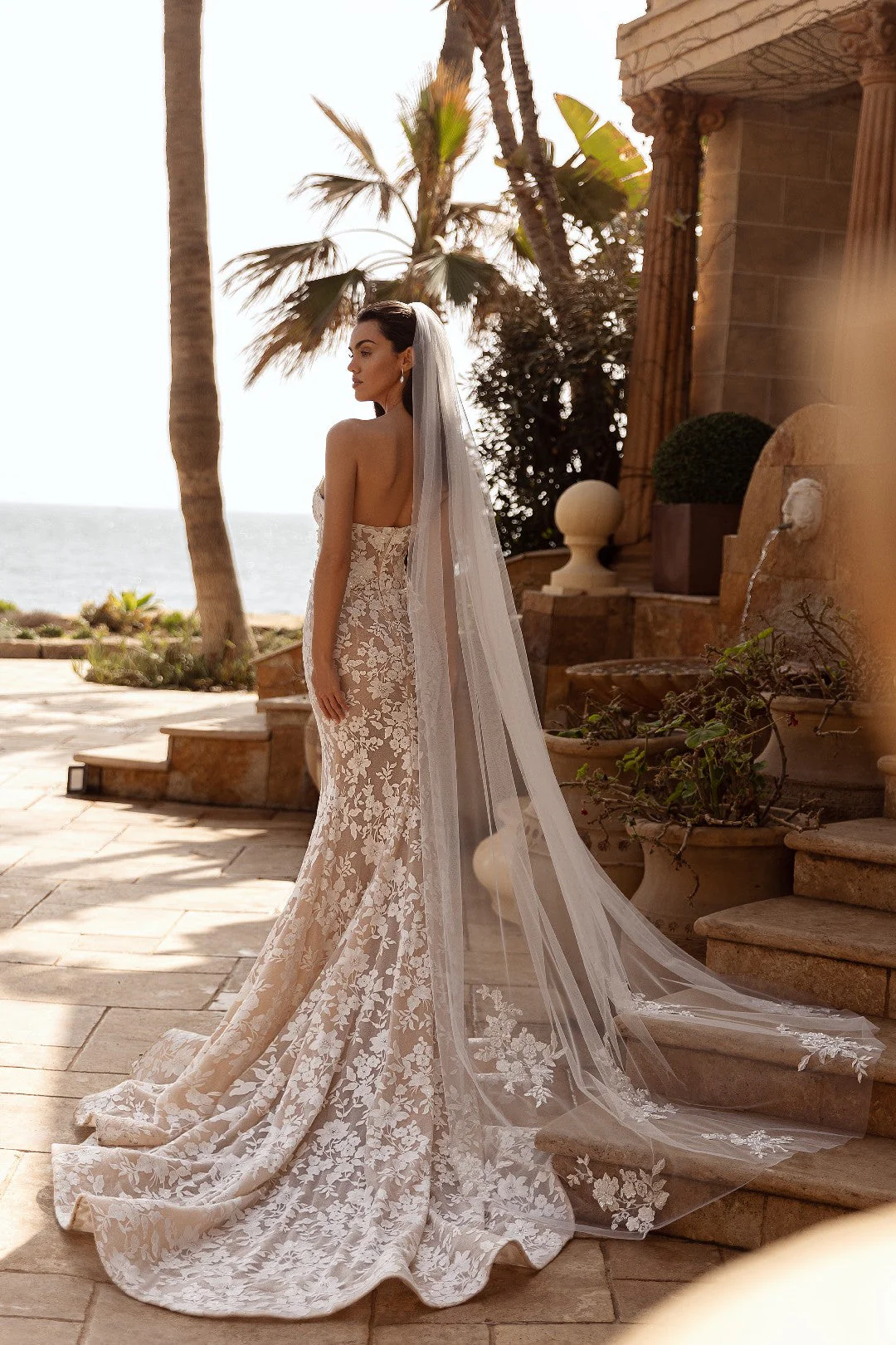 White Strapless Floral Lace Wedding Dress with Flowing Train - Plus Size-Lilian - Image 7