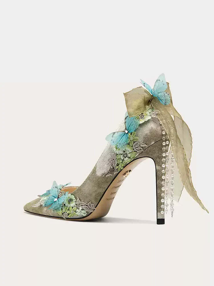 Lolita-Inspired Green Butterfly and Tassel High Heels for Fairy Aesthetic - Image 2