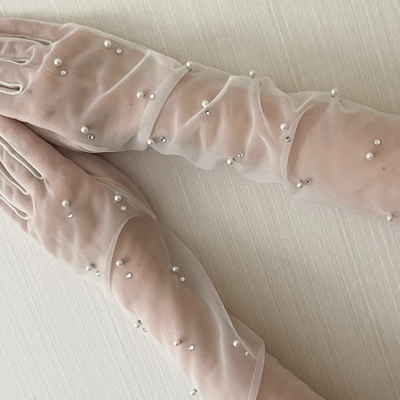 Long Sheer White Gloves with Pearl Accents - Image 2