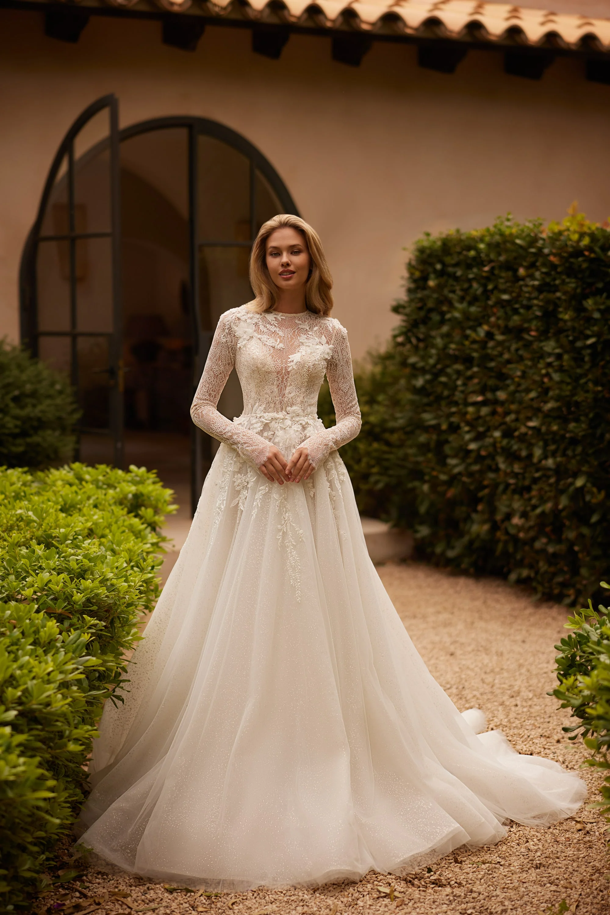 Long Sleeve Wedding Dress with Illusion Lace Bodice – Lace Appliqué Wedding Dress with Crew Neckline Plus Size - Image 2