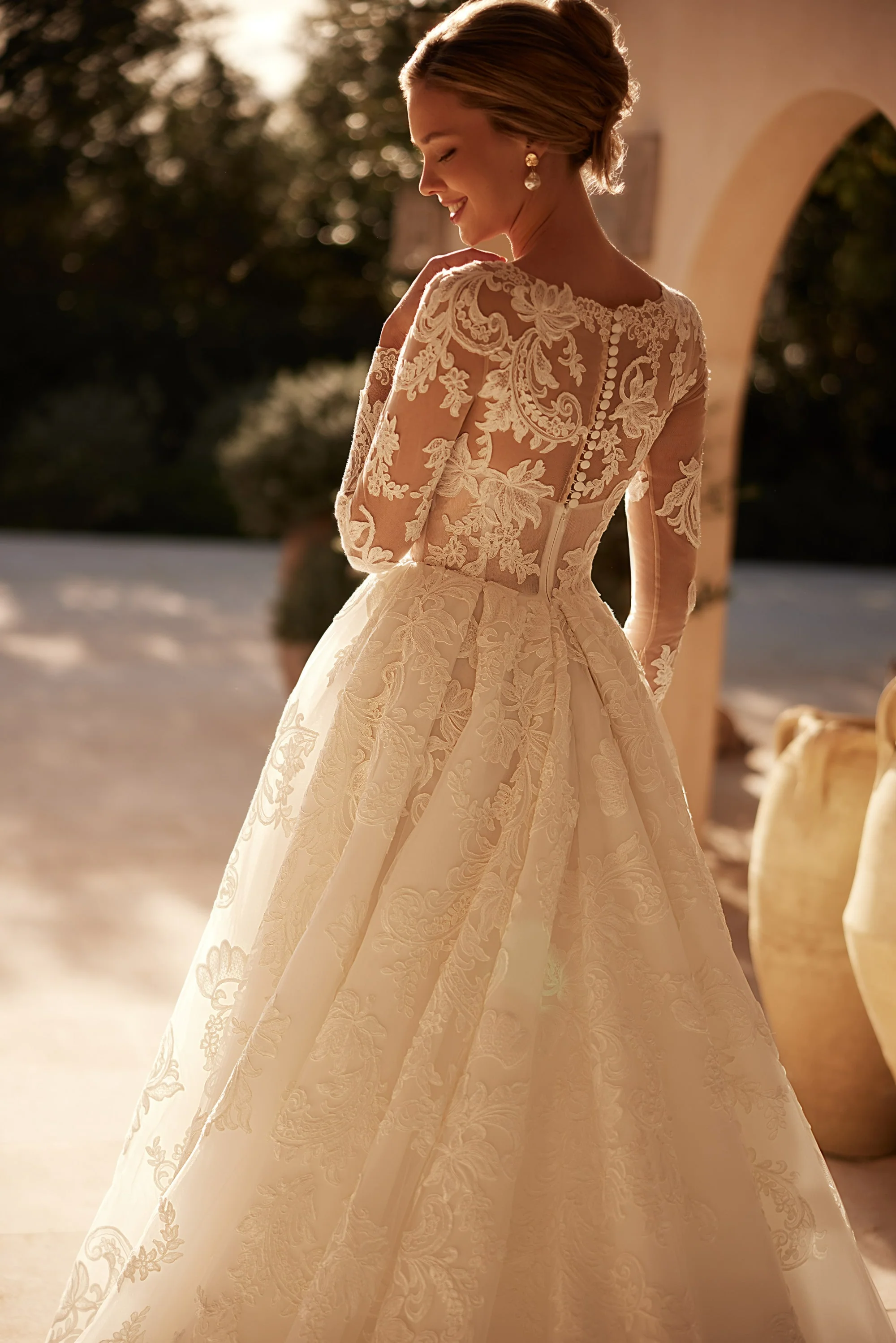Long Sleeve Wedding Dress with Illusion Lace Bodice – Vintage Ball Gown Wedding Dress with Crew Neckline Plus Size - Image 4