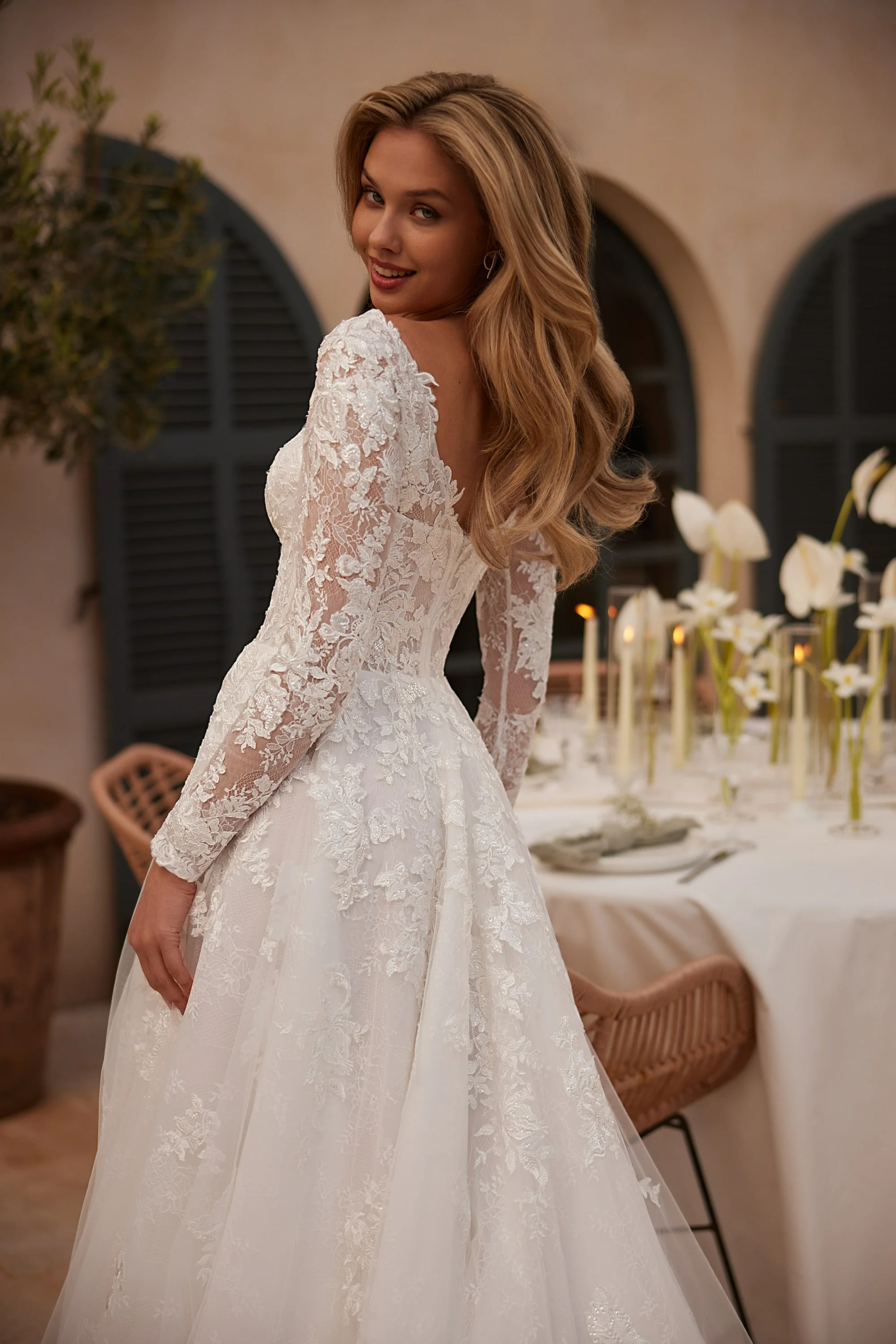 Long Sleeve Wedding Dress with Sweetheart Neckline and Tulle – Lace Floral applique Dress with Sheer Bodice Plus Size - Image 3