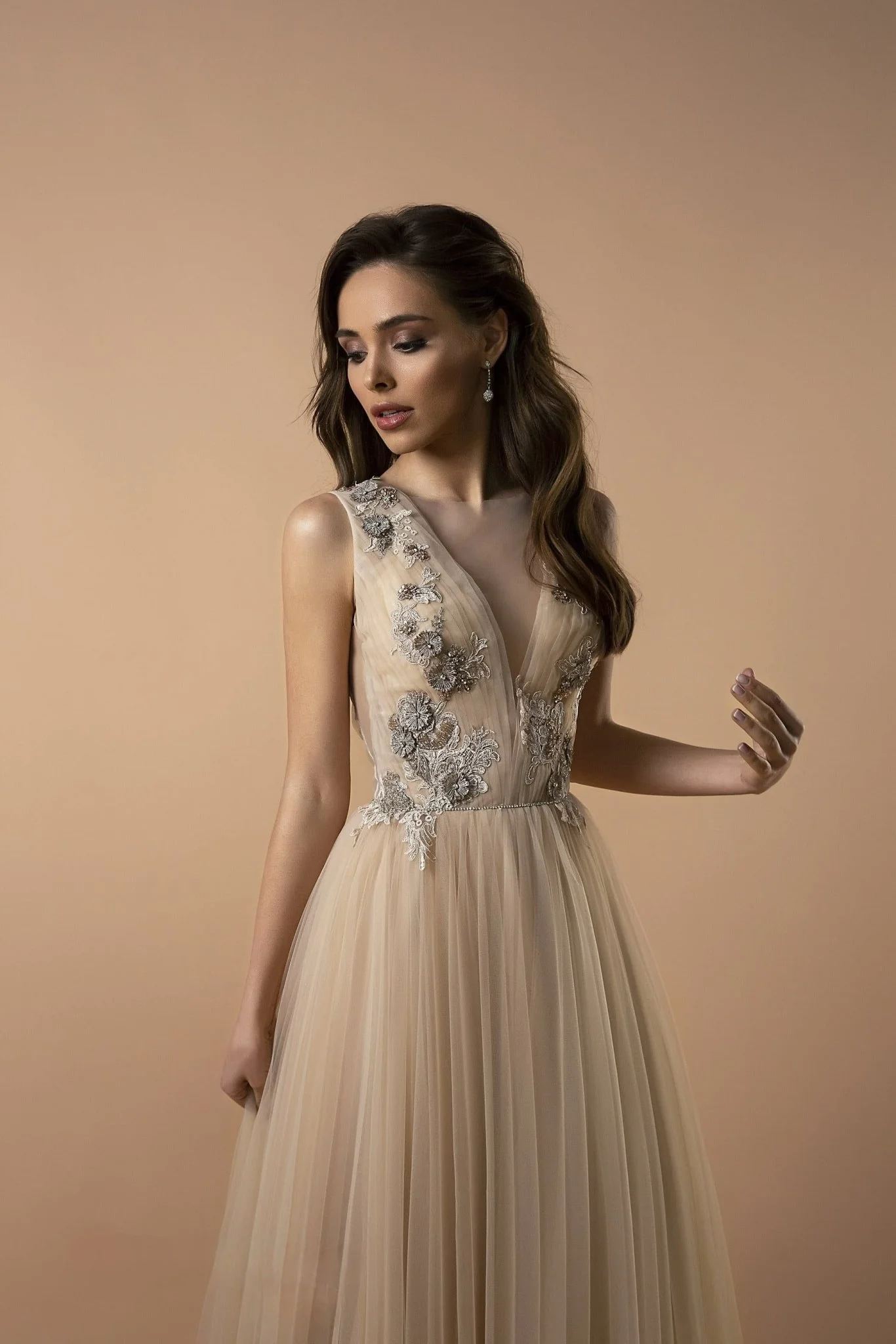 Luxurious Champagne Fairy Wedding dress - Tulle Bridal Gown with Plunging Neckline and Silver Beaded Embroidery Plus Size - Image 2