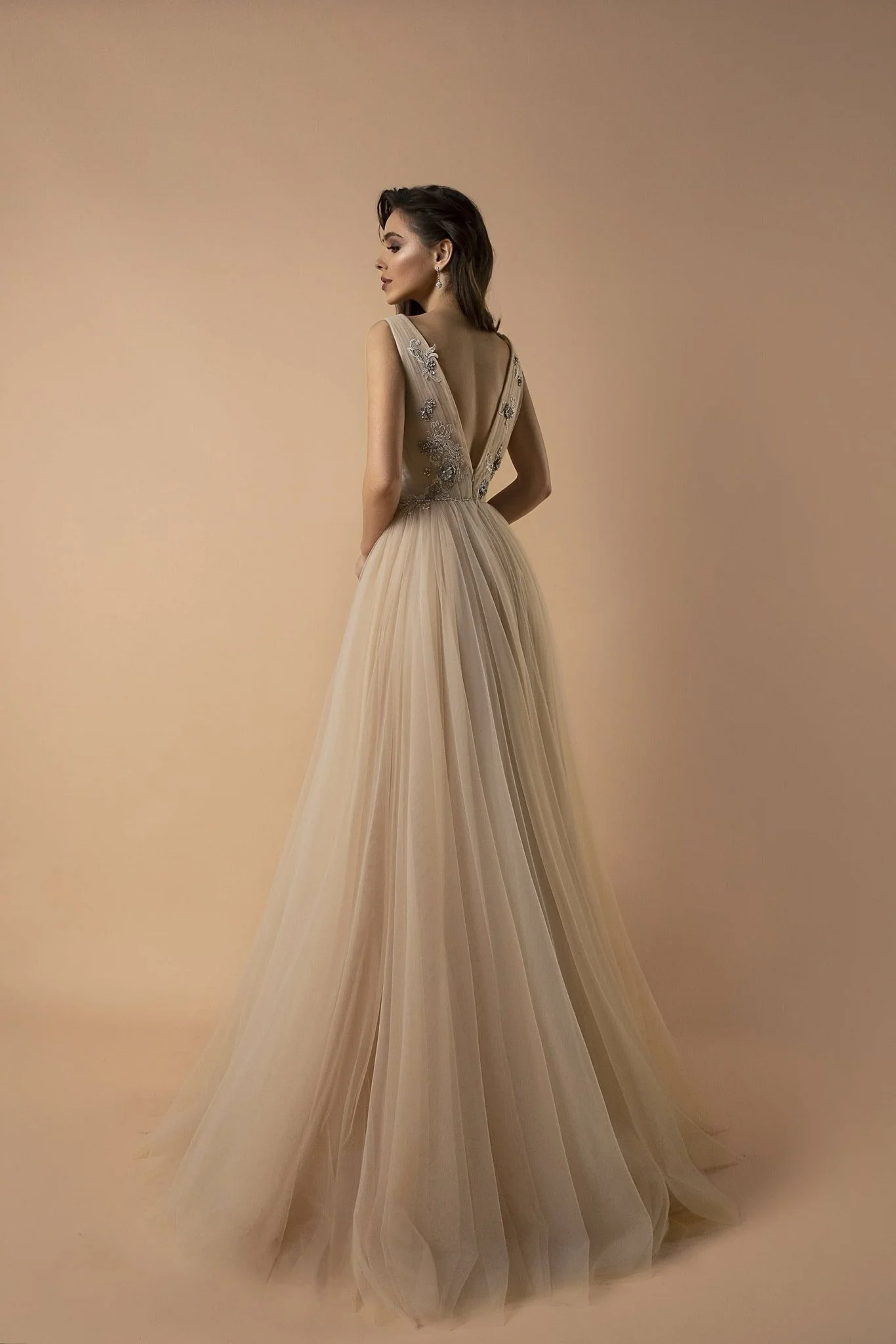 Luxurious Champagne Fairy Wedding dress - Tulle Bridal Gown with Plunging Neckline and Silver Beaded Embroidery Plus Size - Image 3