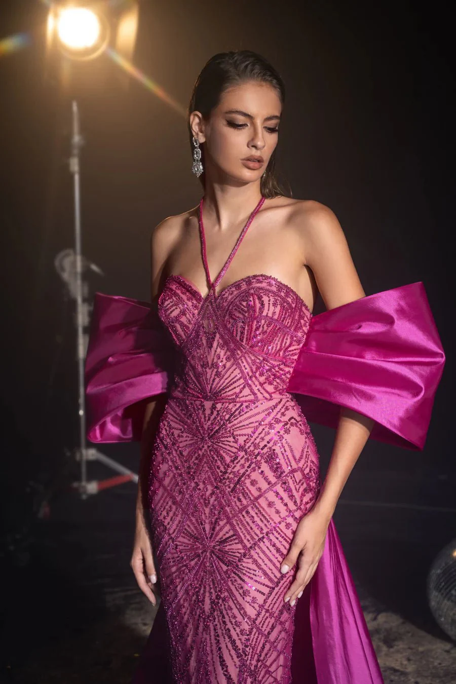 Luxurious Fuchsia Sequin Evening Gown with Statement Bow - Pretty Sequin Dress and Designer Sequin Gown Plus Size - Image 3
