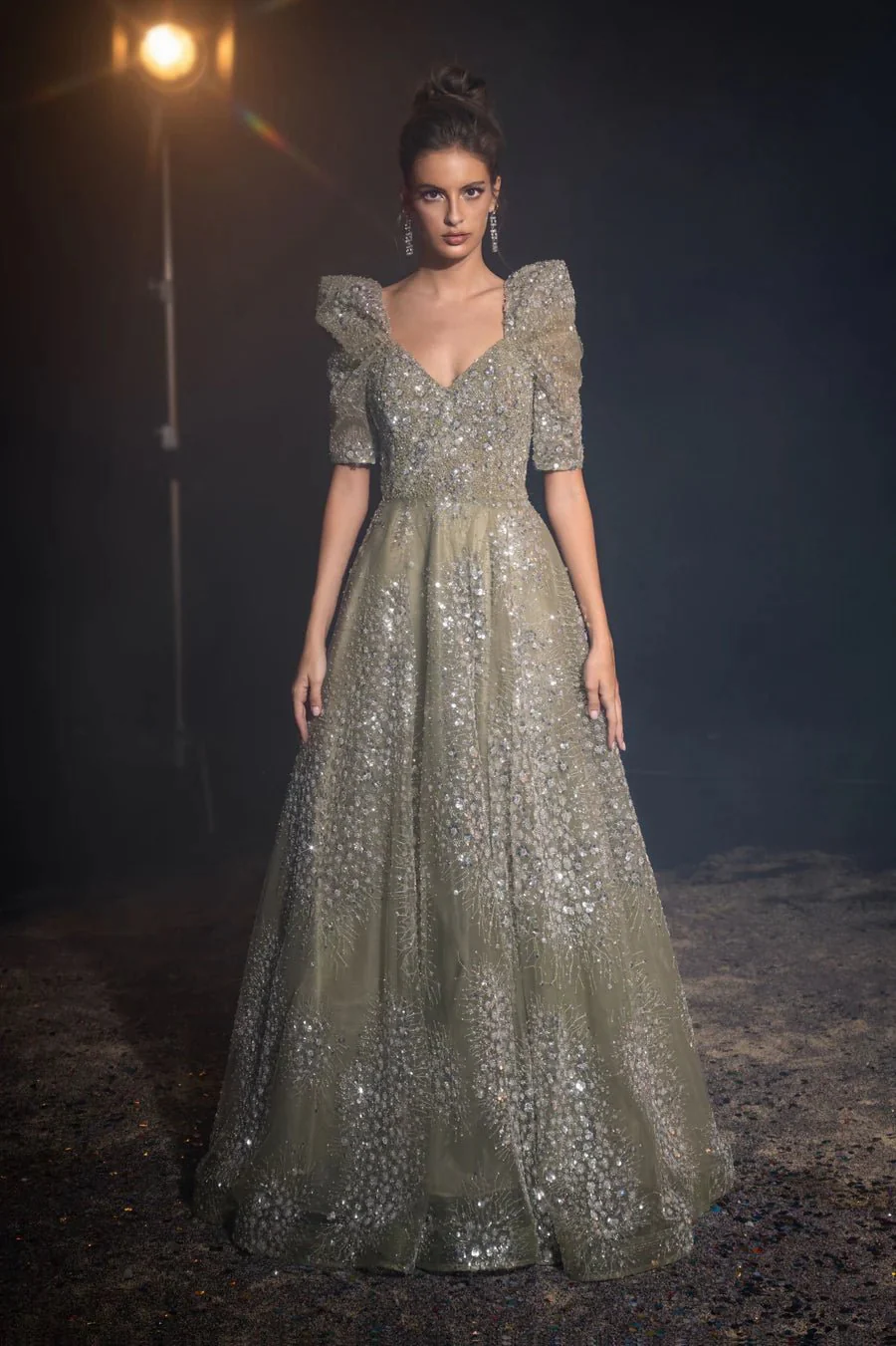 Luxurious Champagne Green Sequin Evening Gown with Puff Sleeves - Pretty Sequin Dress and Designer Sequin Gown with V-Neck Plus Size