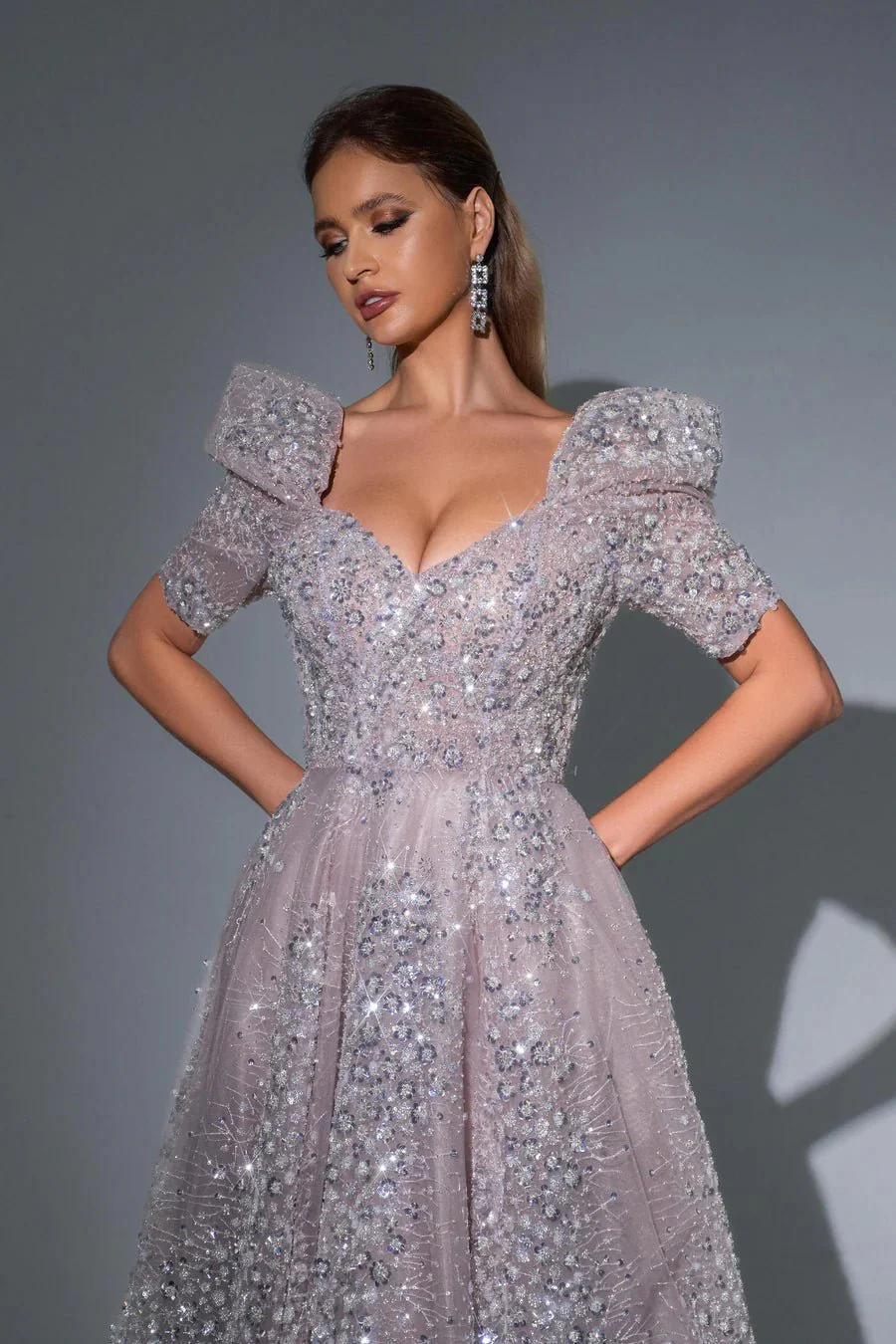 Luxurious Champagne Green Sequin Evening Gown with Puff Sleeves - Pretty Sequin Dress and Designer Sequin Gown with V-Neck Plus Size - Image 4