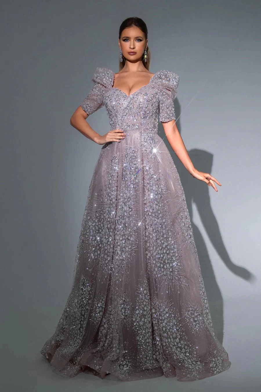 Luxurious Champagne Green Sequin Evening Gown with Puff Sleeves - Pretty Sequin Dress and Designer Sequin Gown with V-Neck Plus Size - Image 5